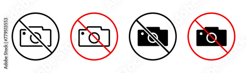 No photo and video icon set. Forbidden area printable ban sign. Stop photograph or camera warning symbol. Prohibited video recording and selfie vector illustration isolated.