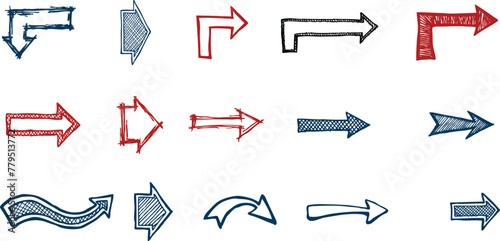 Colored set of Arrows hand drawn doodle vector set, Scribble Sketch arrow design for an application, banner, print screen, pen marks, isolated on white background