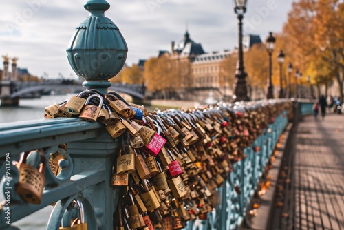 The romantic Pont des Arts bridge in Paris with love locks, Ai generated photo
