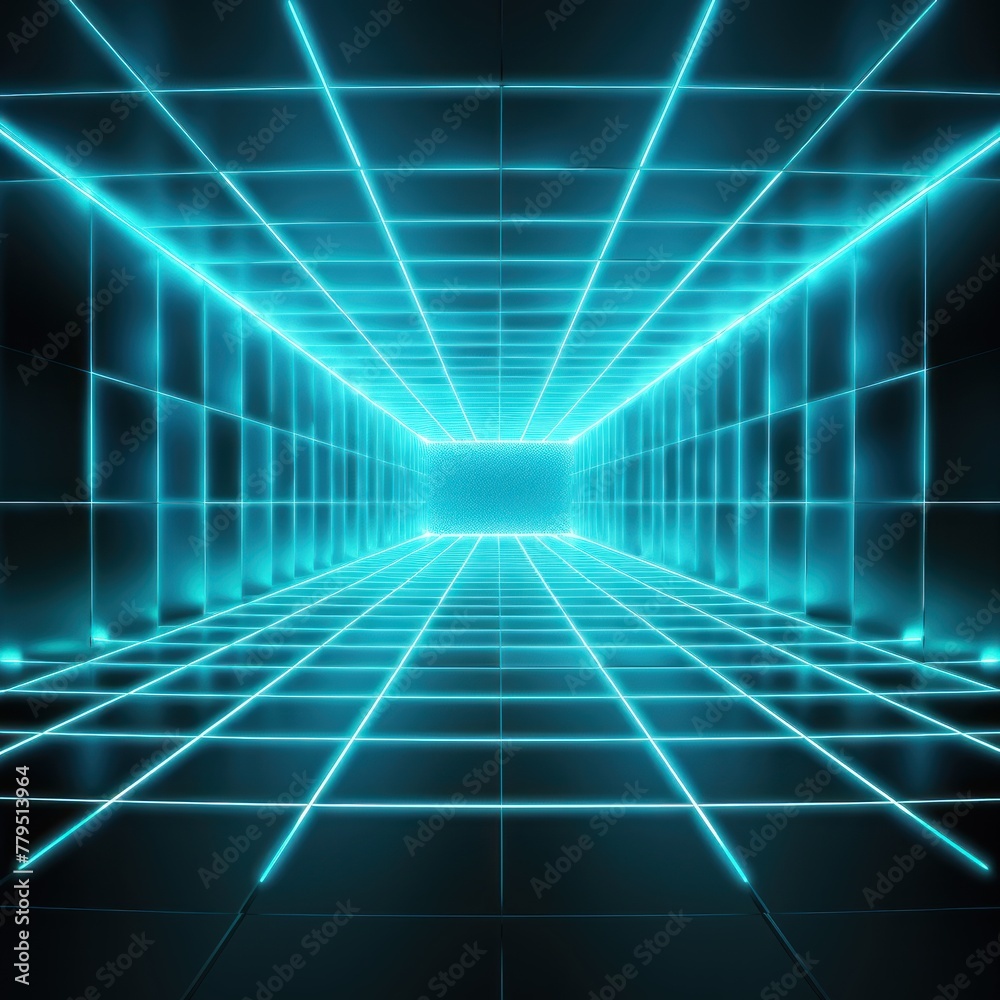 cyan light grid on dark background central perspective, futuristic retro style with copy space for design text photo backdrop