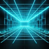 cyan light grid on dark background central perspective, futuristic retro style with copy space for design text photo backdrop