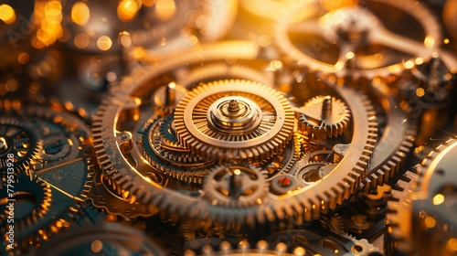 Precision Gear Mechanism, Intricate Gears, Analyzing intricate clockwork gears with intricate details and motion Realistic, Golden Hour, Depth of Field Bokeh Effect
