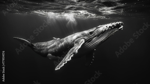 majestic humpback whale breaching the surface of an ocean, high contrast portrait, black and white photo