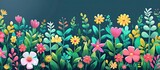 A vibrant row of colorful flowers and leaves creates a beautiful natural landscape against a dark blue background, showcasing the beauty of terrestrial plants in art