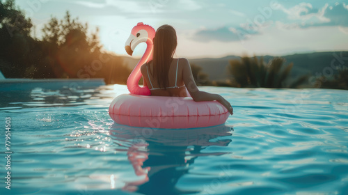 Girl on an inflatable flamingo ring in swimming pool. Back view. Summer holidays, enjoying summer vacations