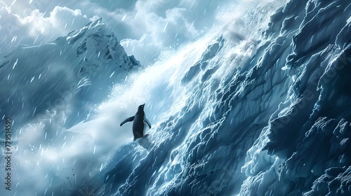 Majestic surfer riding a giant wave in a dynamic ocean scene. Dramatic and powerful nature at its finest. Ideal for adventure and action themes. AI