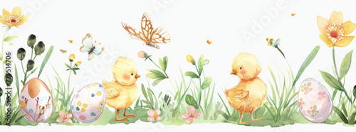 A whimsical illustration of Easter eggs  small chicks and birds in the grass with flowers  butterflies  and pastel colors