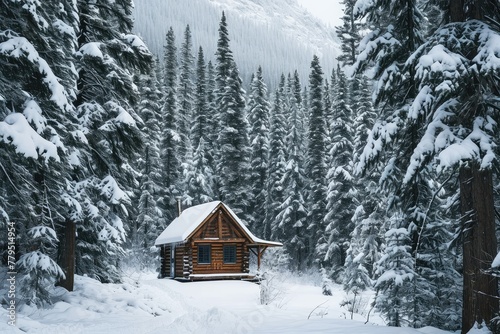 Snow-covered  cabin, Tiny cabin surrounded by snow-covered pines in winter, AI generated © Tanu