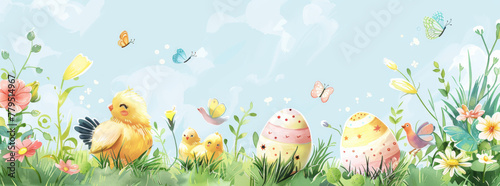 A whimsical illustration of Easter eggs, small chicks and birds in the grass with flowers, butterflies, and pastel colors