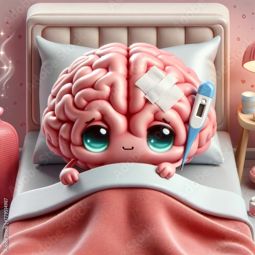 Cartoon brain with a thermometer in bed looking sick with a bandage, illustrating attention to mental health issues