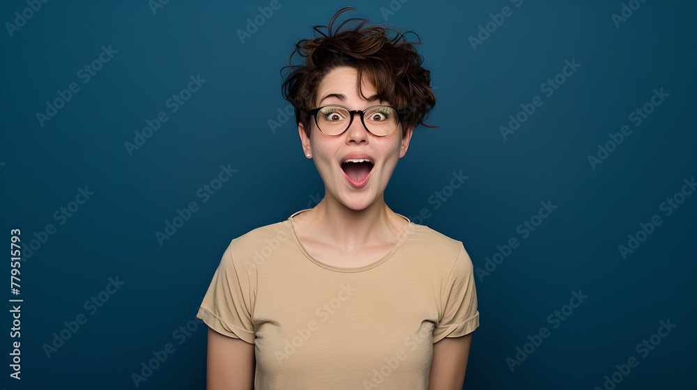 Happy young adult in casual attire with round glasses expressing excitement on a blue background. Studio portrait highlighting emotion. Perfect for bloggers and advertisements. AI Happy young adult in casual attire with round glasses expressing excitement on a blue background. Studio portrait highlighting emotion. Perfect for bloggers and advertisements. AI