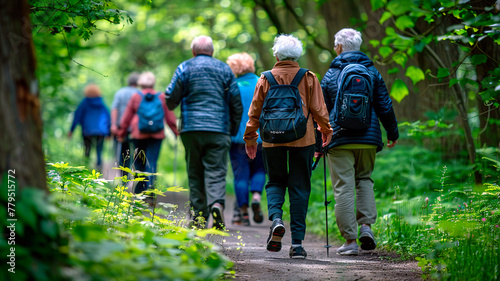 Elderly people strolling in park. Sunny summer day. Active retired seniors walking in green forest.