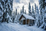 Snow-covered  cabin, Tiny cabin surrounded by snow-covered pines in winter, AI generated