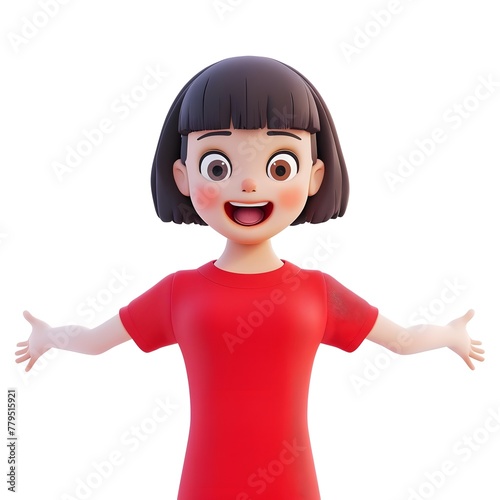 Bright 3D render of a cute and cheerful Asian girl in fashion clothes, showcasing a positive, excited, and funny teen character avatar in a minimalist style.