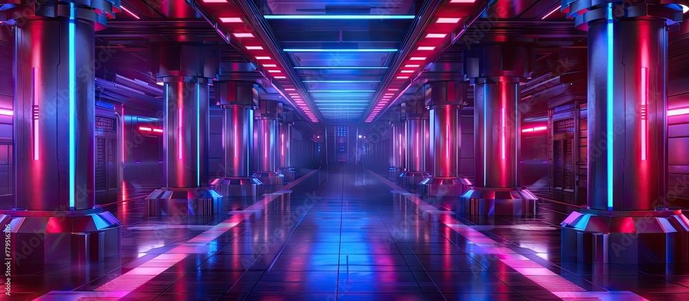 The hallway is a symmetrical blend of violet, magenta, and electric blue neon lights in a futuristic building, creating a fun and entertaining atmosphere for events