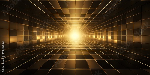 gold light grid on dark background central perspective, futuristic retro style with copy space for design text photo backdrop