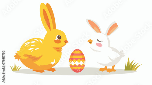 Vector illustration Easter bunny with chicken in flat