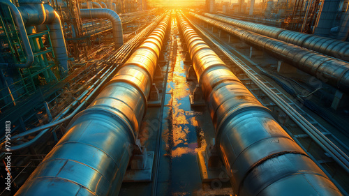 A long line of pipes are shown in the sunlight