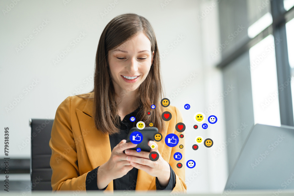 Businesswoman sits in a office working on tablet play social media. Businesswoman sits in a office working on tablet play social media.