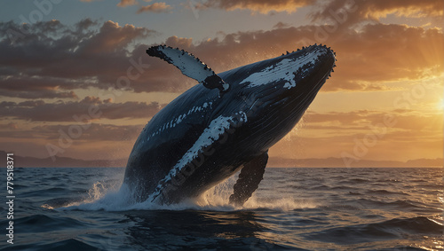 A whale jumping out of the water at sunset.