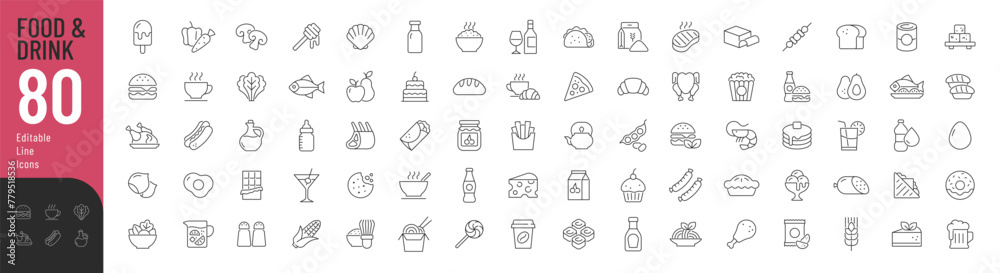 Food and Drink Line Editable Icons set. Vector illustration in thin ...
