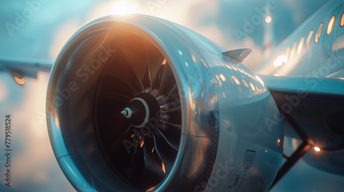 Close-up of airplane turbine with bokeh lighting and depth of field