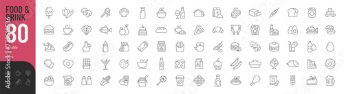Food and Drink Line Editable Icons set. Vector illustration in thin line style of nutrition related icons: vegetables, fruits, desserts, meat, baked goods, drinks, and more. Isolated on white.