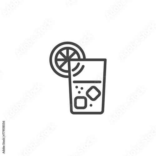 Glass of lemonade with ice and lemon slice line icon