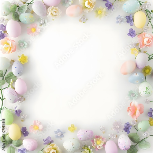 Easter background frame with pastel colors, spring motifs, and a copy space, celebrating the Easter season.