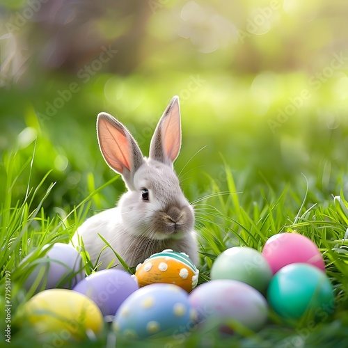 Cheerful Easter bunny in a lush meadow with brightly colored eggs, creating a festive and joyful atmosphere.