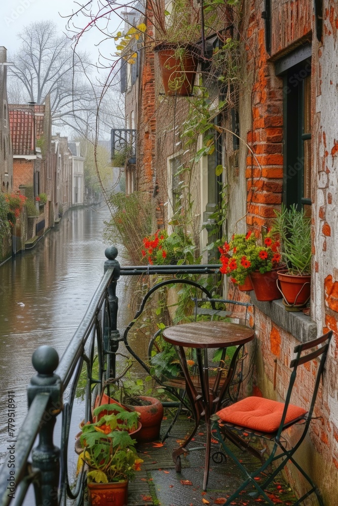 A balcony overlooking a canal with potted plants and furniture. Generative AI.