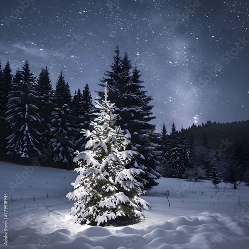 Snow-covered Christmas tree in winter forest at night, featuring a peaceful and festive scene.