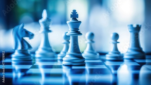 Chess pieces on a board, strategic planning concept, close-up
