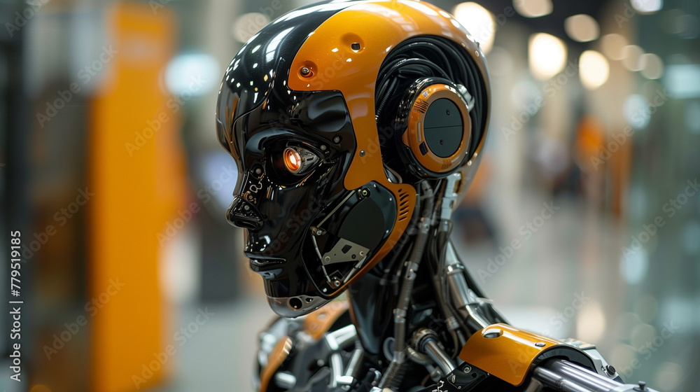 Close-up of a humanoid robot head with glowing eyes.