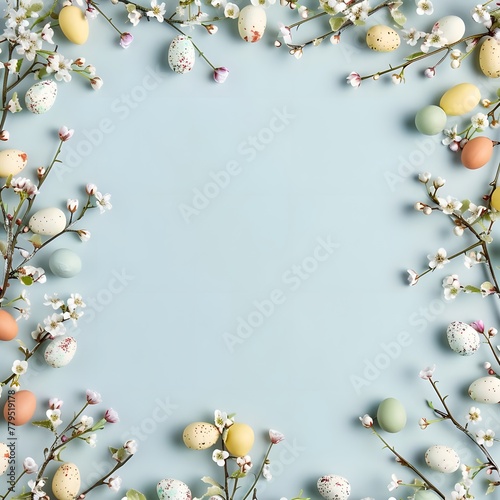 Spring design element with colorful Easter eggs and flowering branches, creating a charming Easter card background frame on a light blue background.
