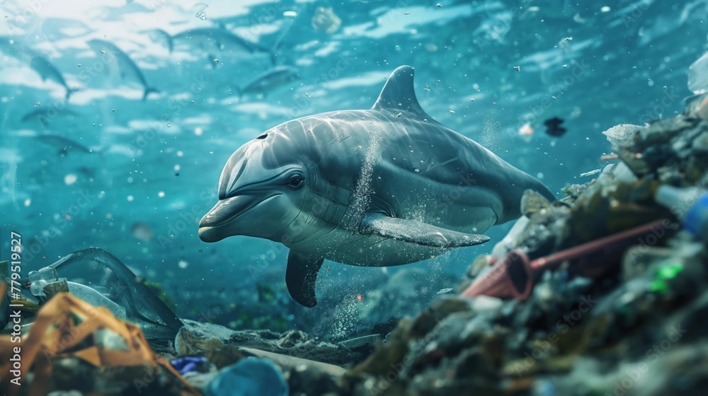 Dolphin amidst underwater trash vortex, eco, dolphin, underwater, trash, vortex, eco, marine, environment, conservation, ocean, pollution, planet, issue, impact, decay, nature, global, seascape