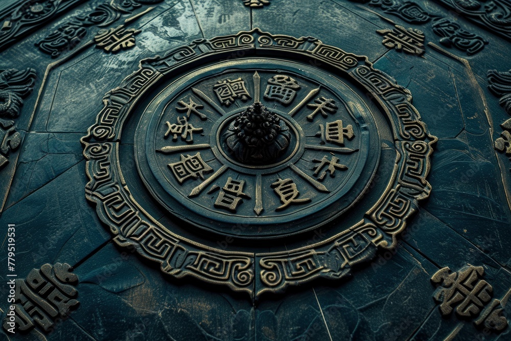 Carved mandala with Chinese characters on a textured surface. generative ai