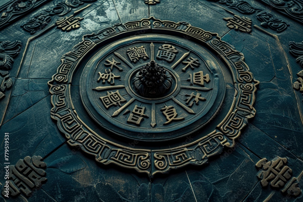 Obraz premium Carved mandala with Chinese characters on a textured surface. generative ai