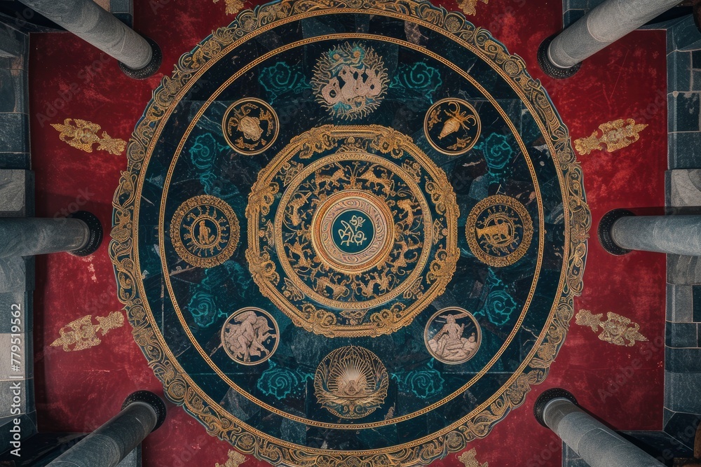 Fototapeta premium Celestial zodiac mosaic with golden accents. generative ai
