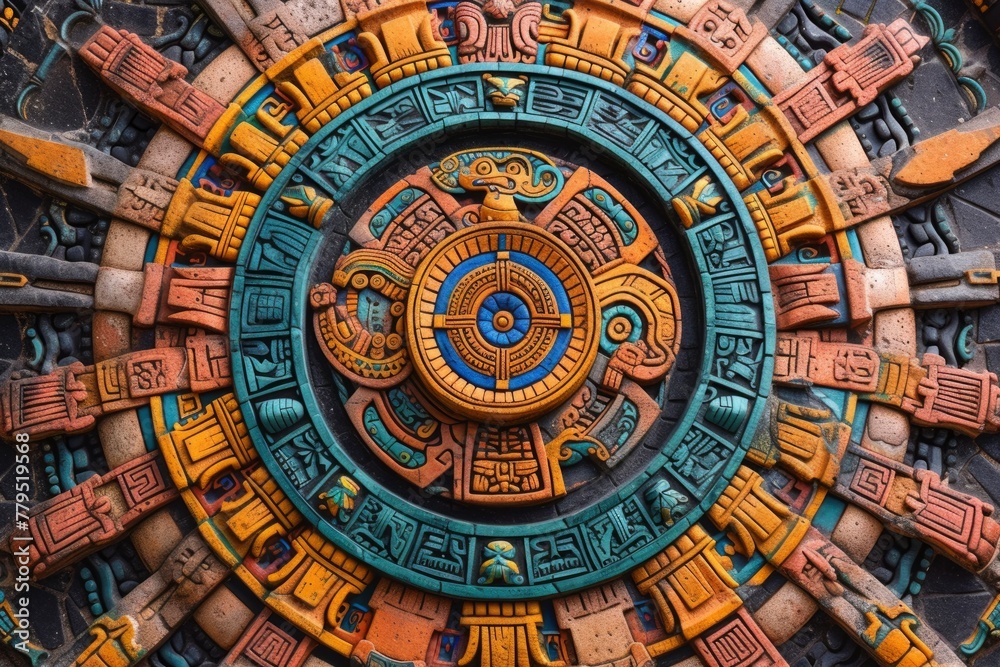 Aztec mandala with carvings and symbols. generative ai