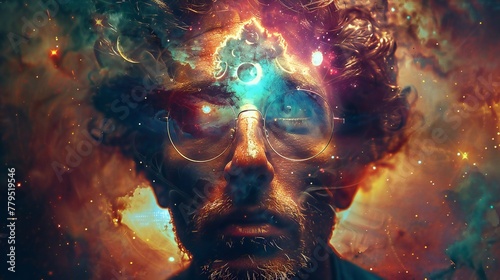 A striking and colorful representation of a persons face surrounded by cosmic imagery, featuring bright elements and intricate details that suggest a deep connection with the universe.