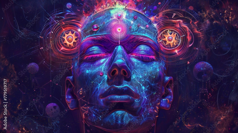 A striking and colorful representation of a persons face surrounded by cosmic imagery, featuring bright elements and intricate details that suggest a deep connection with the universe. A striking and colorful representation of a persons face surrounded by cosmic imagery, featuring bright elements and intricate details that suggest a deep connection with the universe.