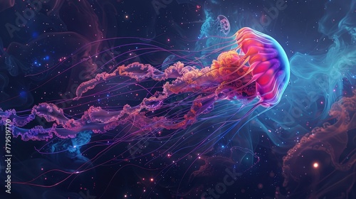 Glowing jellyfish swim deep in blue sea. Medusa neon jellyfish fantasy in space cosmos among stars Generative Ai