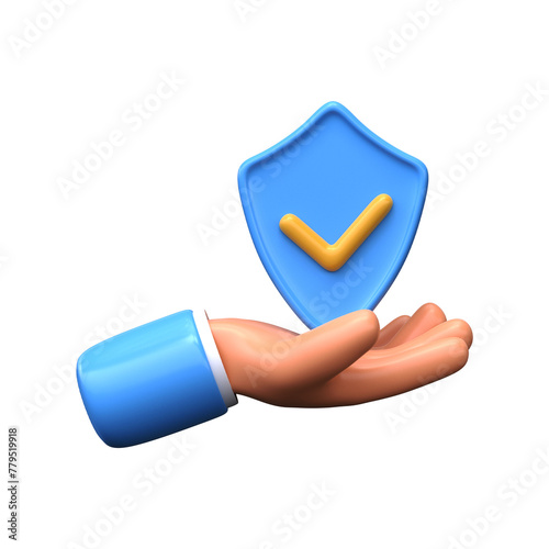 3d hand holding a protective shield. Security and data protection icon.