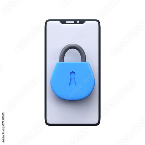 3D mobile security icon. Mobile phone with lock on screen.