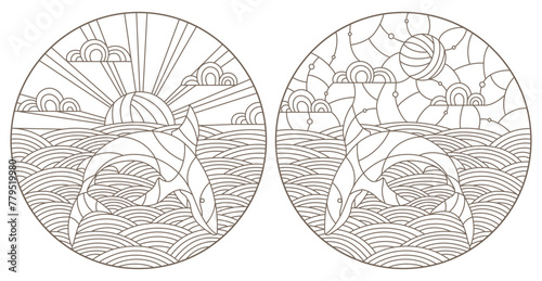 Set contour illustrations with sharks  on the waves and the sky , the dark outline on a white background