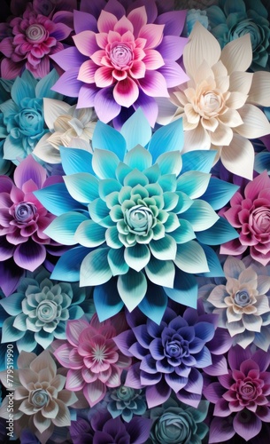 A large number of paper flowers are arranged in a pattern. Generative AI. © serg3d