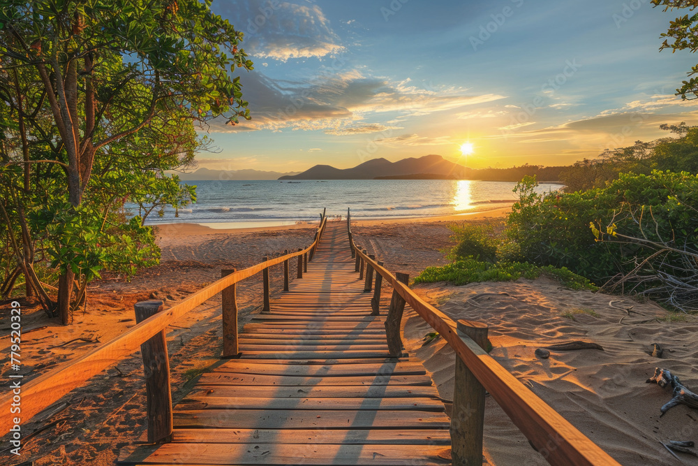 Fototapeta premium A wooden walkway at a beach during the sunrise