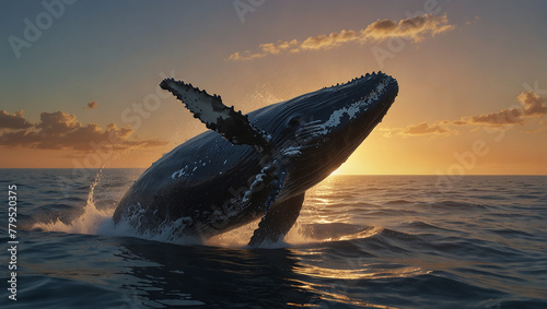 A whale jumping out of the water at sunset.

