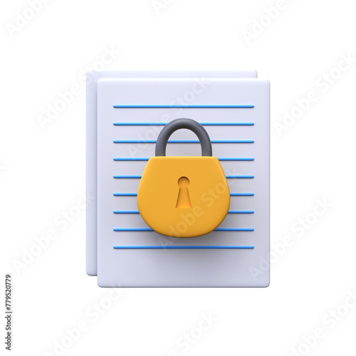 Confidential and secure text document. 3d render. Documents with lock.
